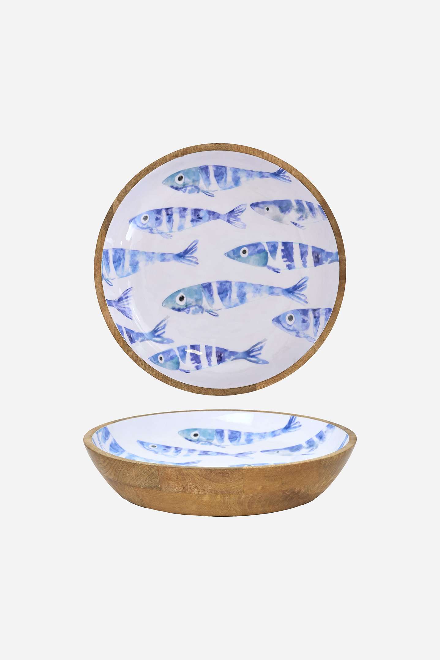 D8372 - Blue Fish Bowl, Enameled Wood, White/Blue, Lg